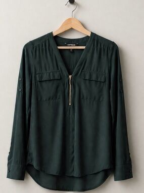Express Dark  Green Zip Front Blouse Women’s S Long Sleeve Pocket Career Casual
